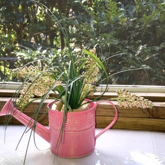 WATERING CAN FLOWER POT Centerpiece Floral Decor Decorative Pink Floral 4.5 inch - Picture 2 of 12